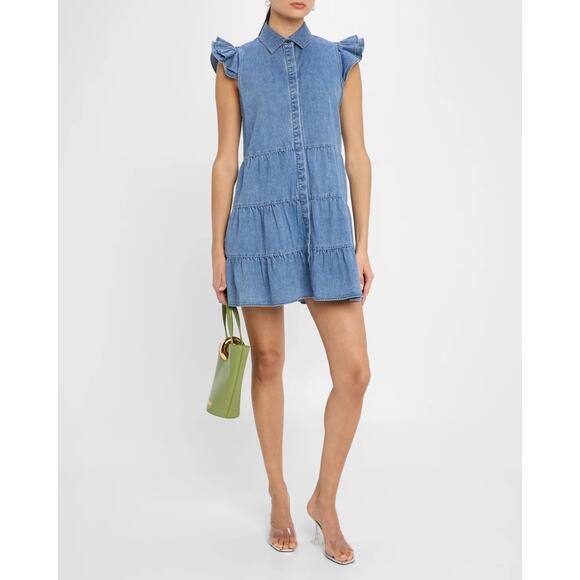 ALICE + OLIVIA Jem Cotton Denim Tiered Mini-Shirtdress Large - Picture 1 of 13